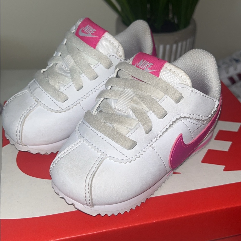 Nike Kids White and Pink Cortez Sneakers